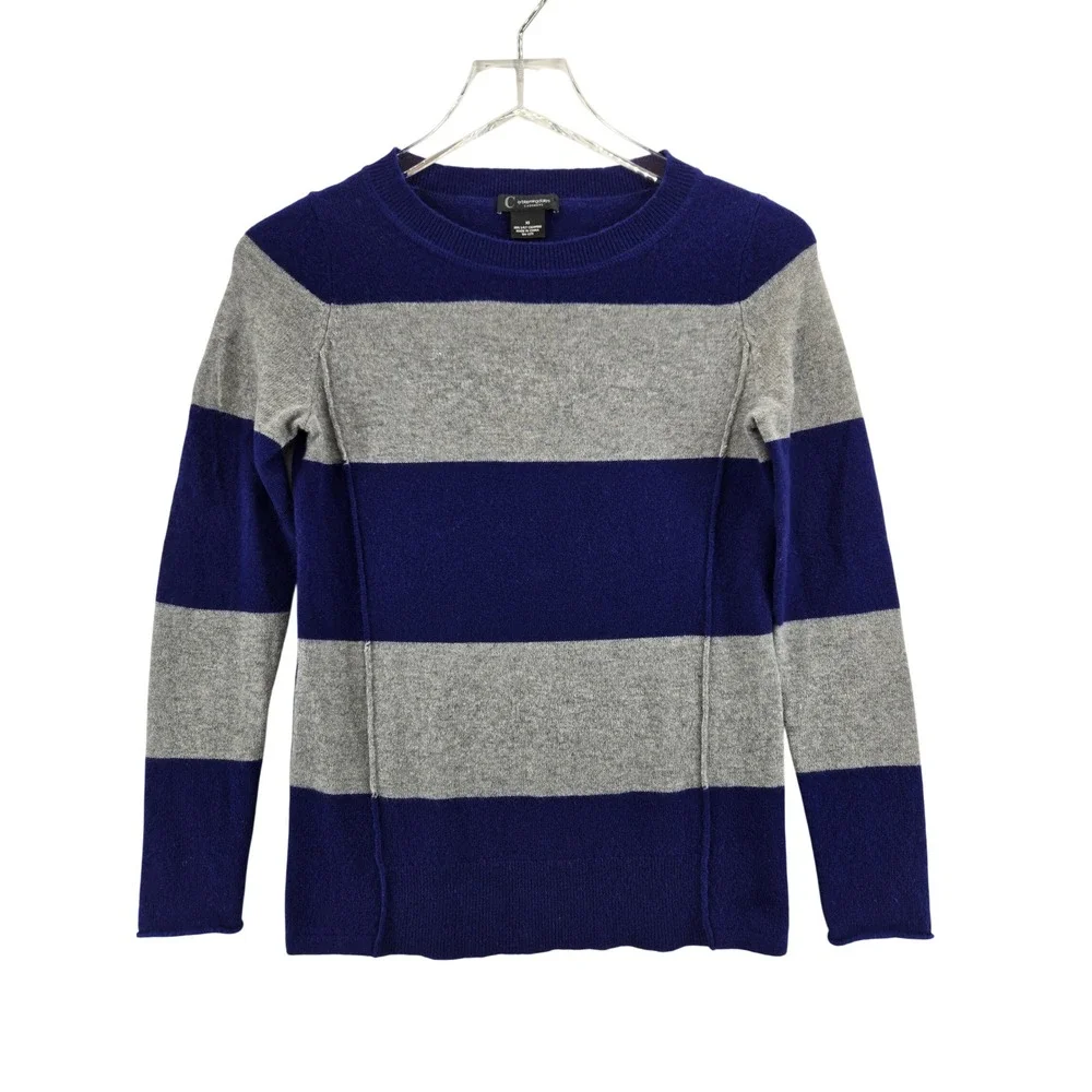 C by Bloomingdales Cashmere Sweater Womens XS Blue Gray Striped Crew Neck 2-Ply